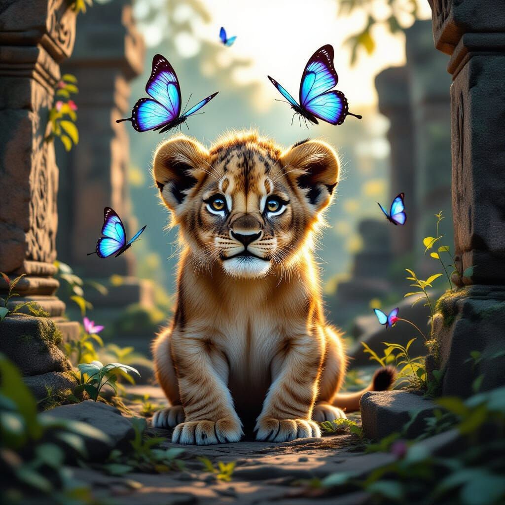 Lion Cub in Ruined Temple with Iridescent Butterflies