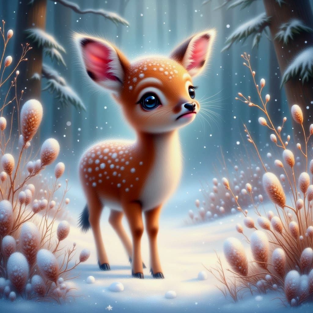Enchanted Winter: Fawn in Snowy Clearing