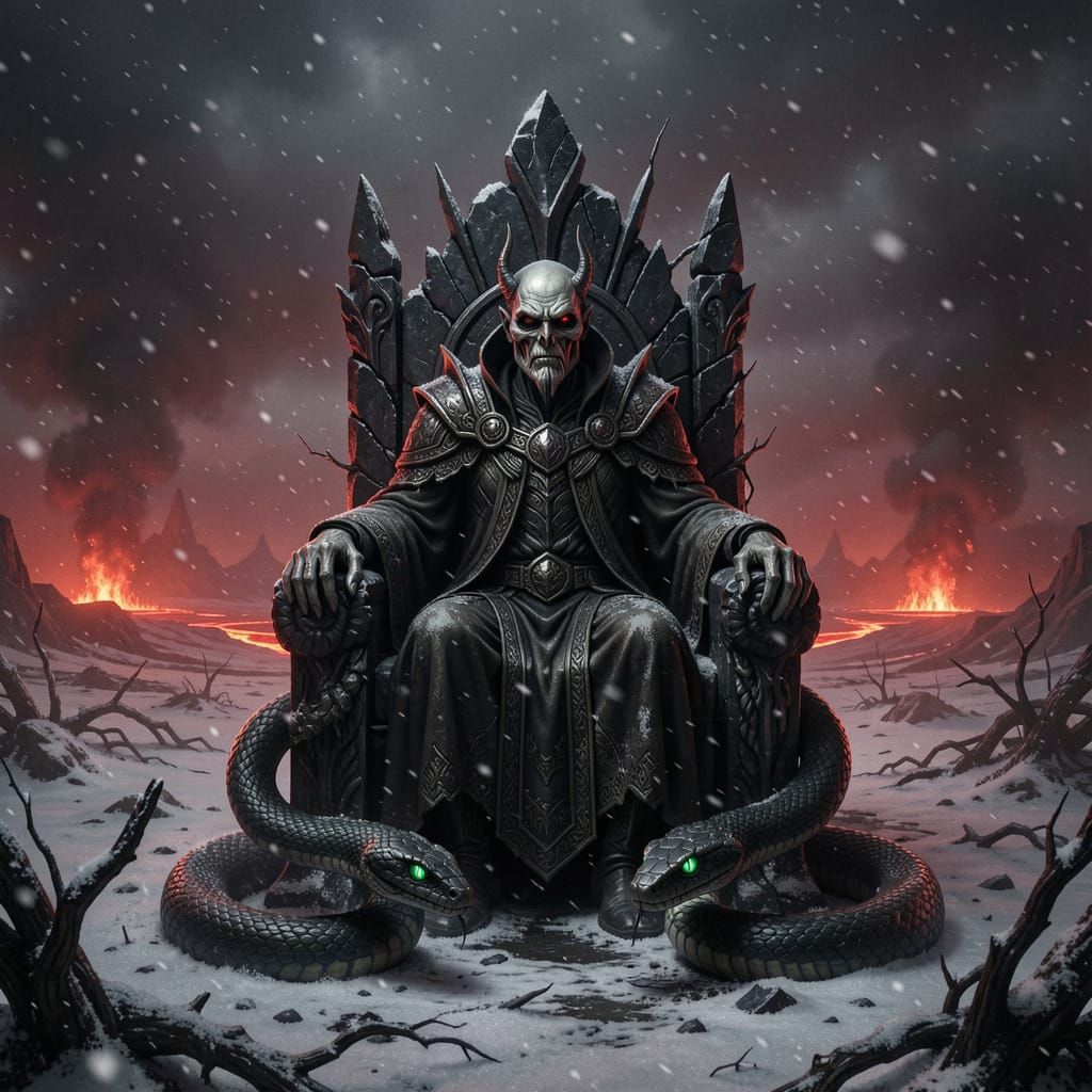Hades on Obsidian Throne in Burning Wasteland