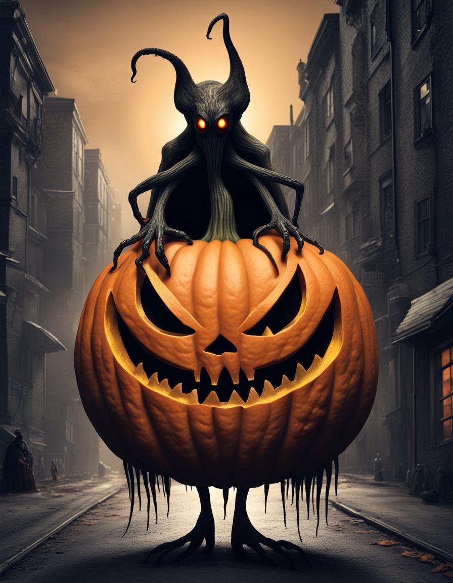 Halloween Pumpkin-Headed Monster in Gothic City