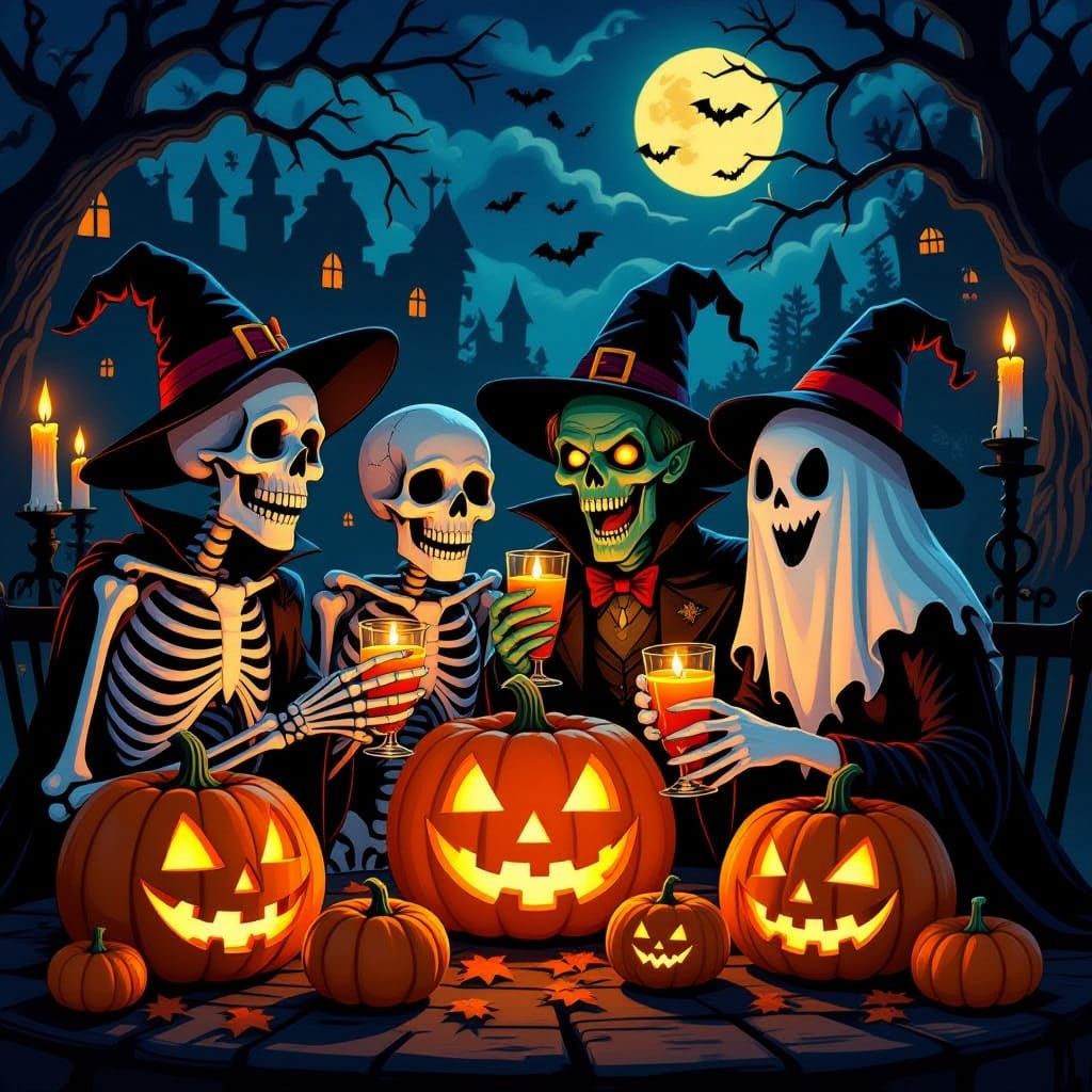 Halloween Party with Monsters: Skeleton, Zombie, Vampire, Gh...