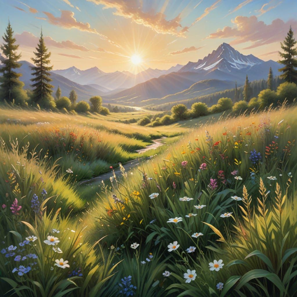 Peaceful Meadow at Golden Hour Impressionistic Oil Painting