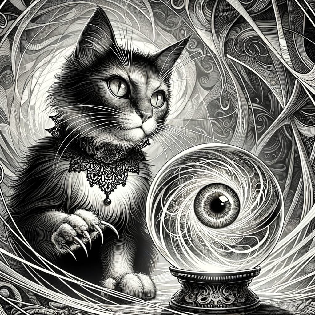 Anthropomorphic Cat in Haitian-Inspired Black and White Sket...
