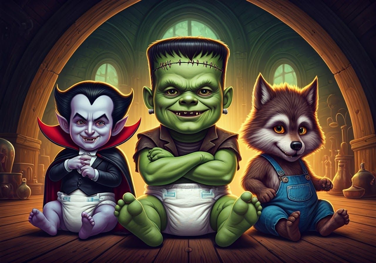Baby Frankenstein, Dracula, and Werewolf in Lab