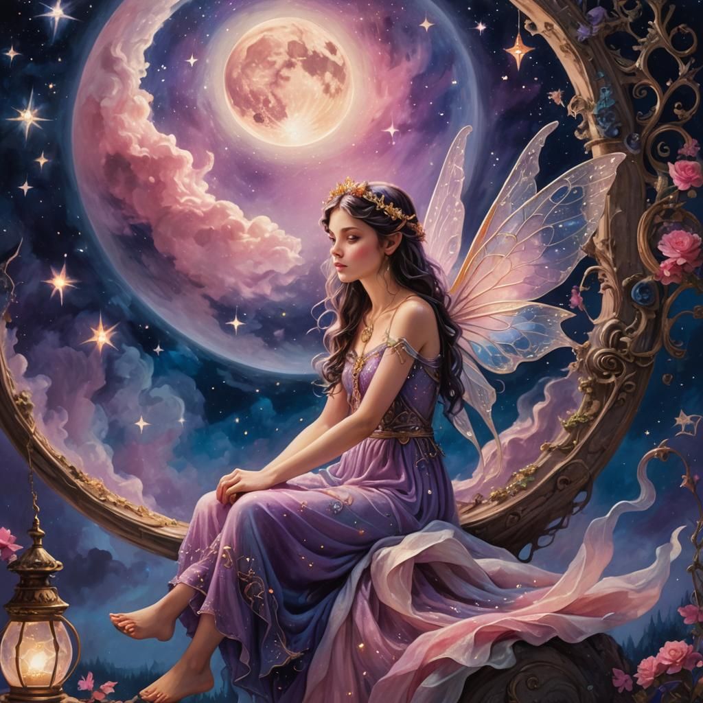 Fairy on the Moon in Dreamy Oil Painting
