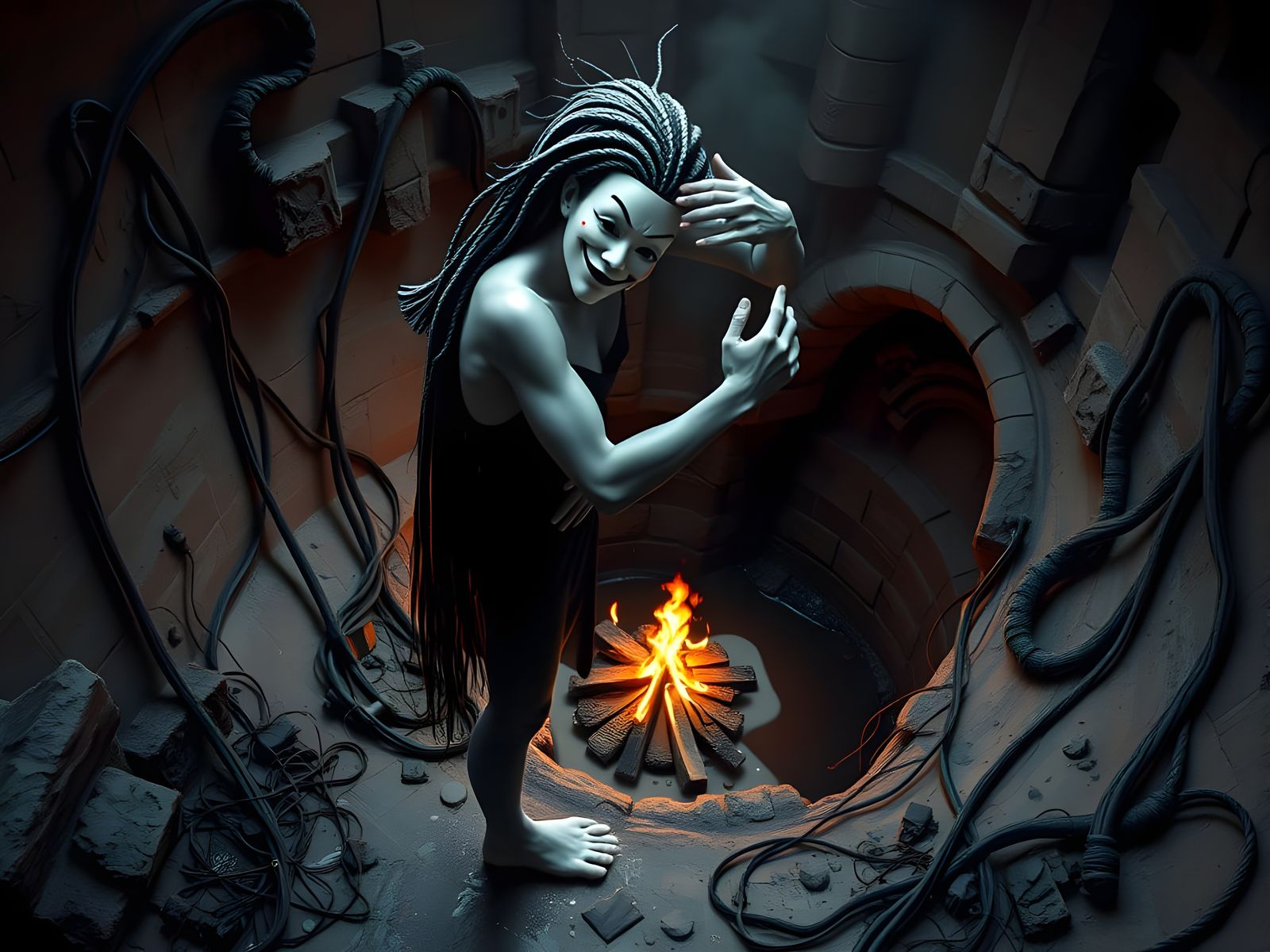 Alien Woman Hugging Masked Figure in Dungeon