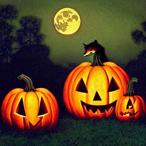 Fox and Pumpkin in Moonlight Garden