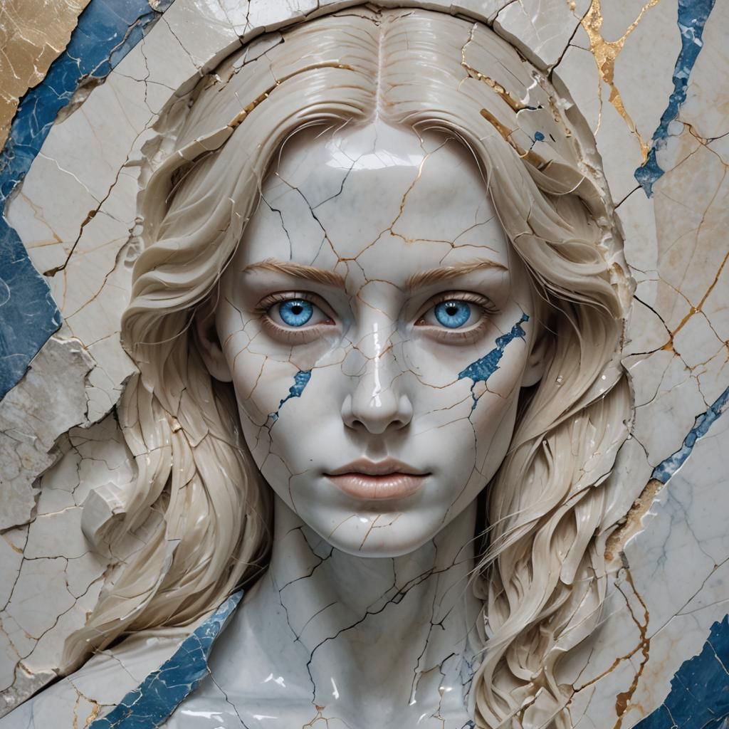 A woman's face is half covered with extremely fine structured marble stone. Her blue eyes and blonde hair are visible th...
