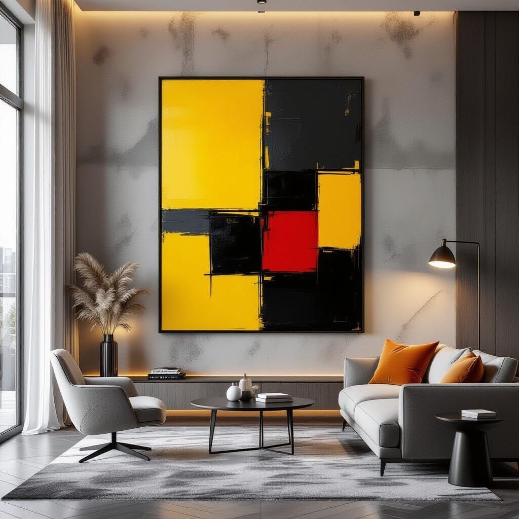 Abstract Yellow, Grey, Black Painting in Luxurious Minimalis...