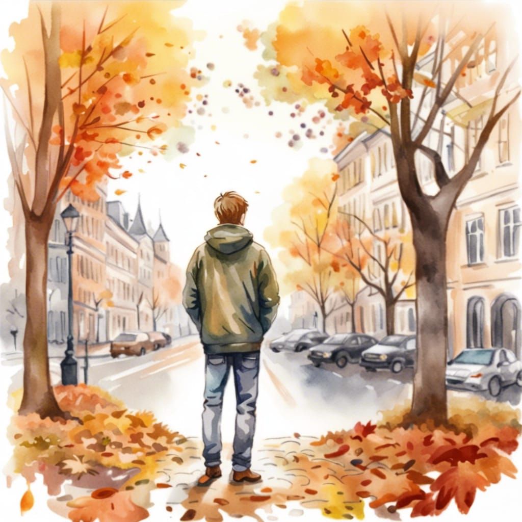 Autumn City View Watercolor Illustration
