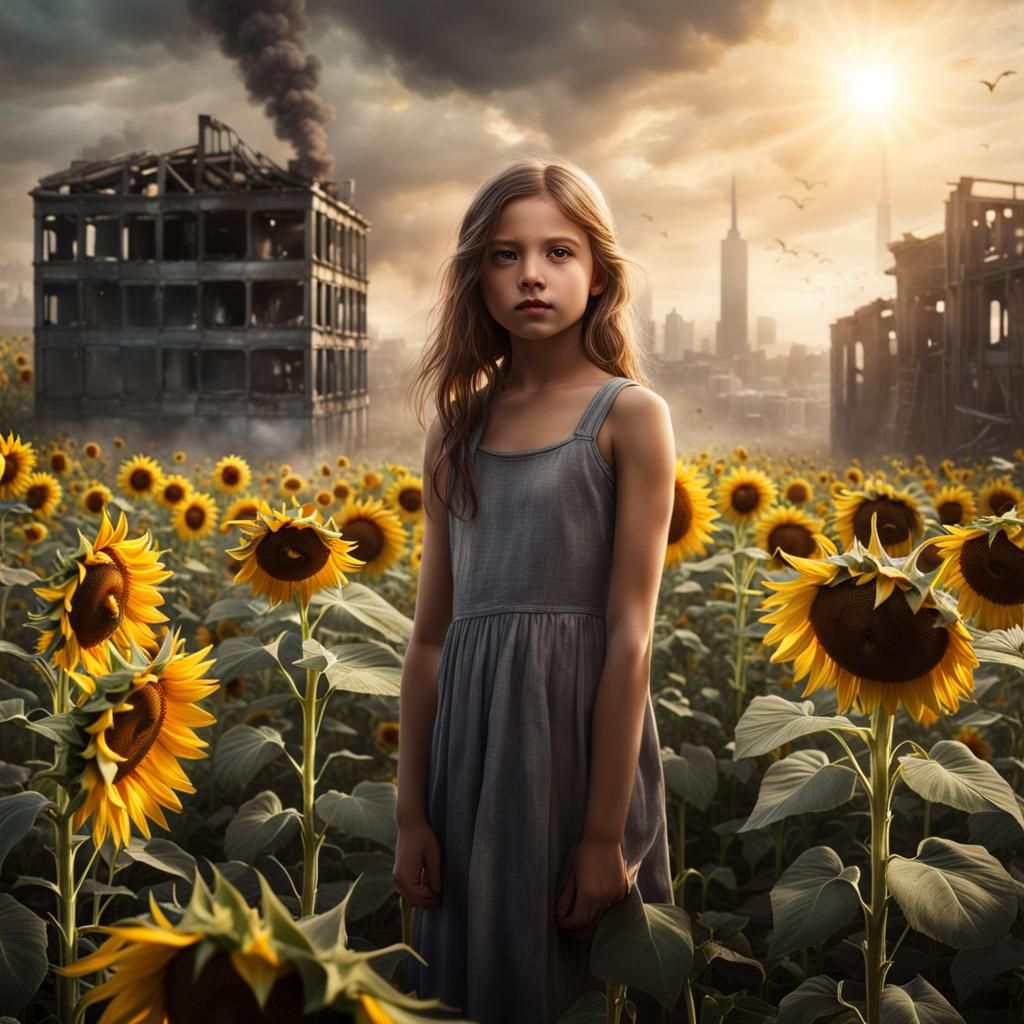 Girl Picking Sunflower in Wartorn Field