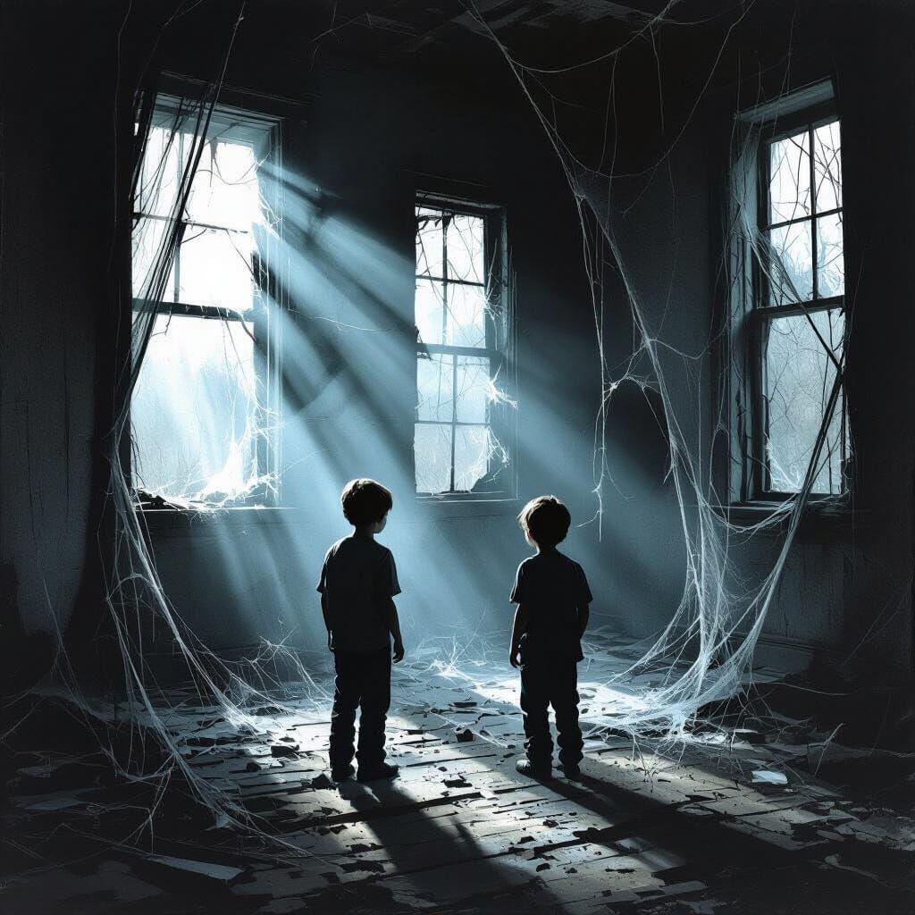 Boys Explore Haunted Abandoned House in Moody Digital Painti...