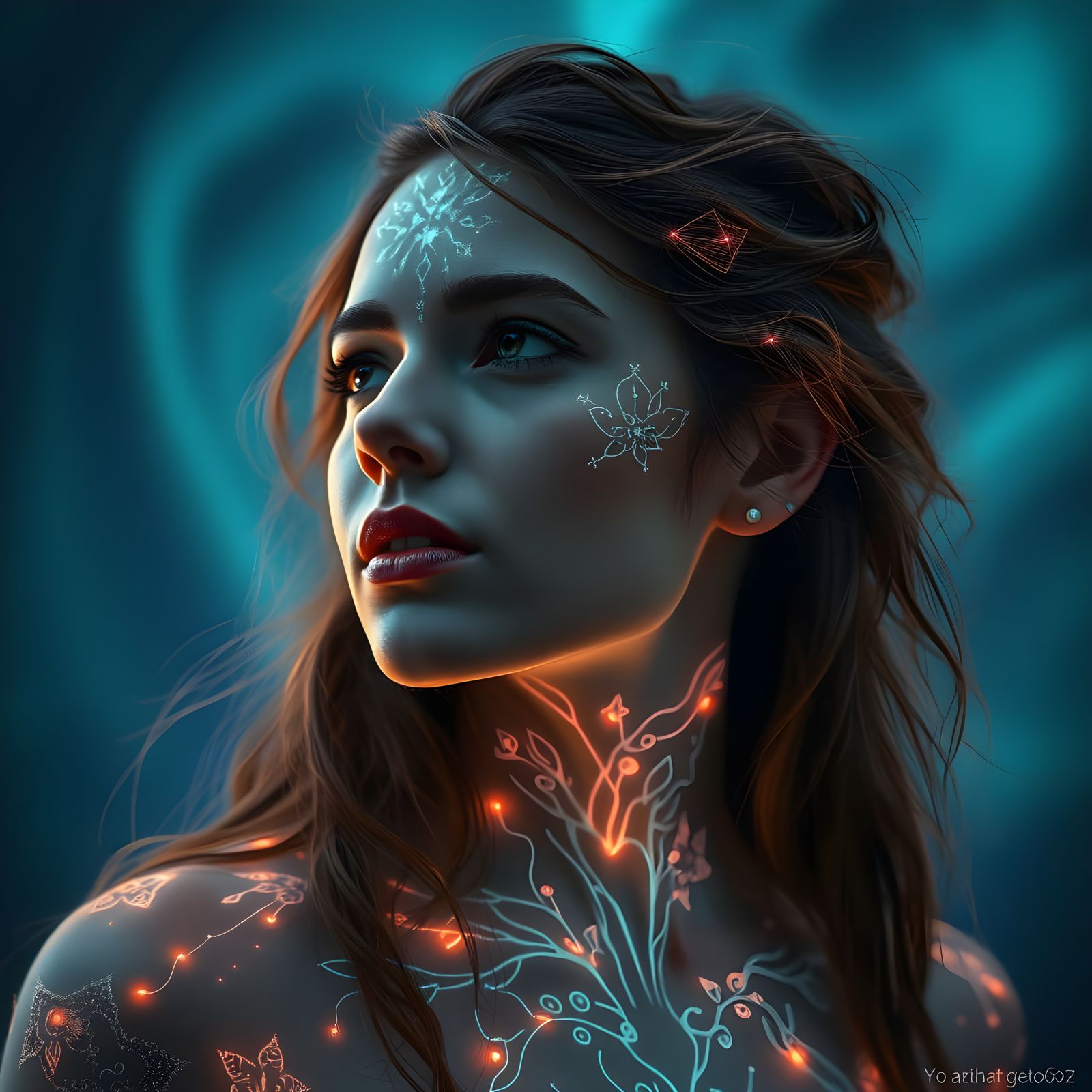 A Woman Enveloped in Shifting Bioluminescent Patterns