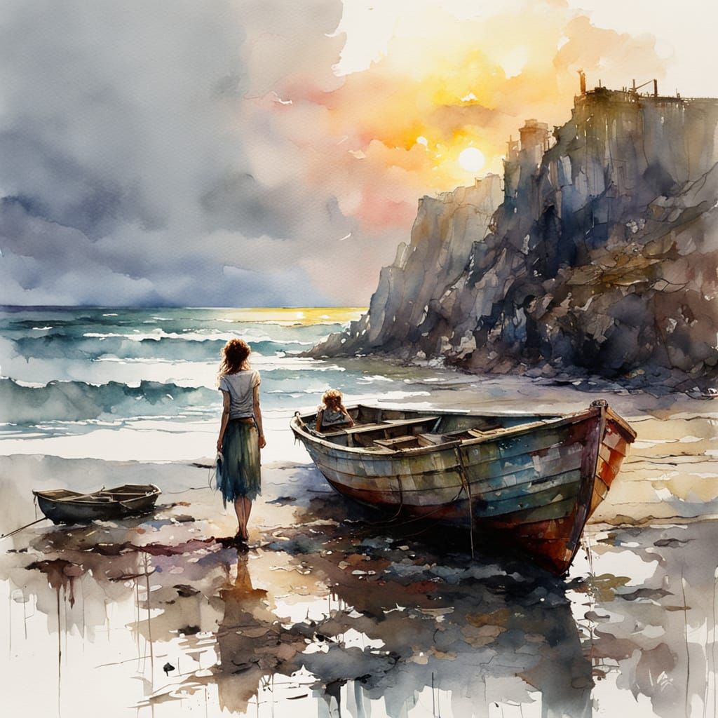 Watercolor Painting of Woman and Boat at Sunset