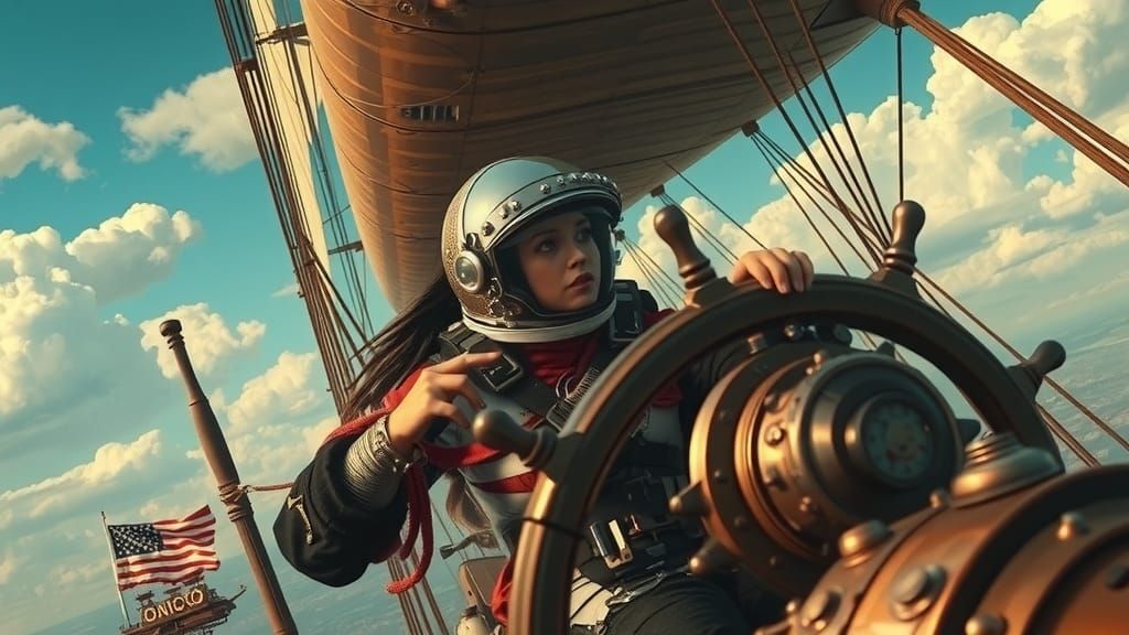 Steampunk Pirate Astronaut Airship in Retrofuturistic Citysc...