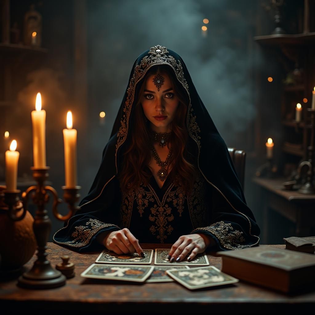 Mysterious Tarot Reader in a Mystical Chamber