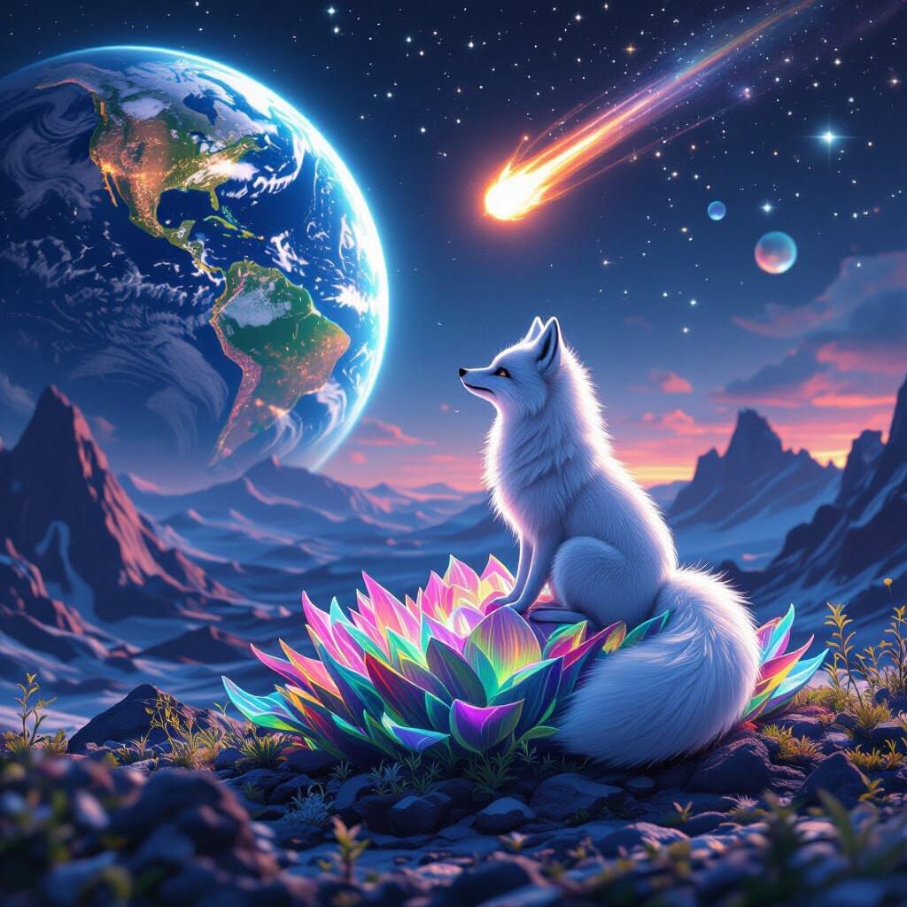 Arctic Fox Watches Meteor Strike Earth in Cosmic Anime Art