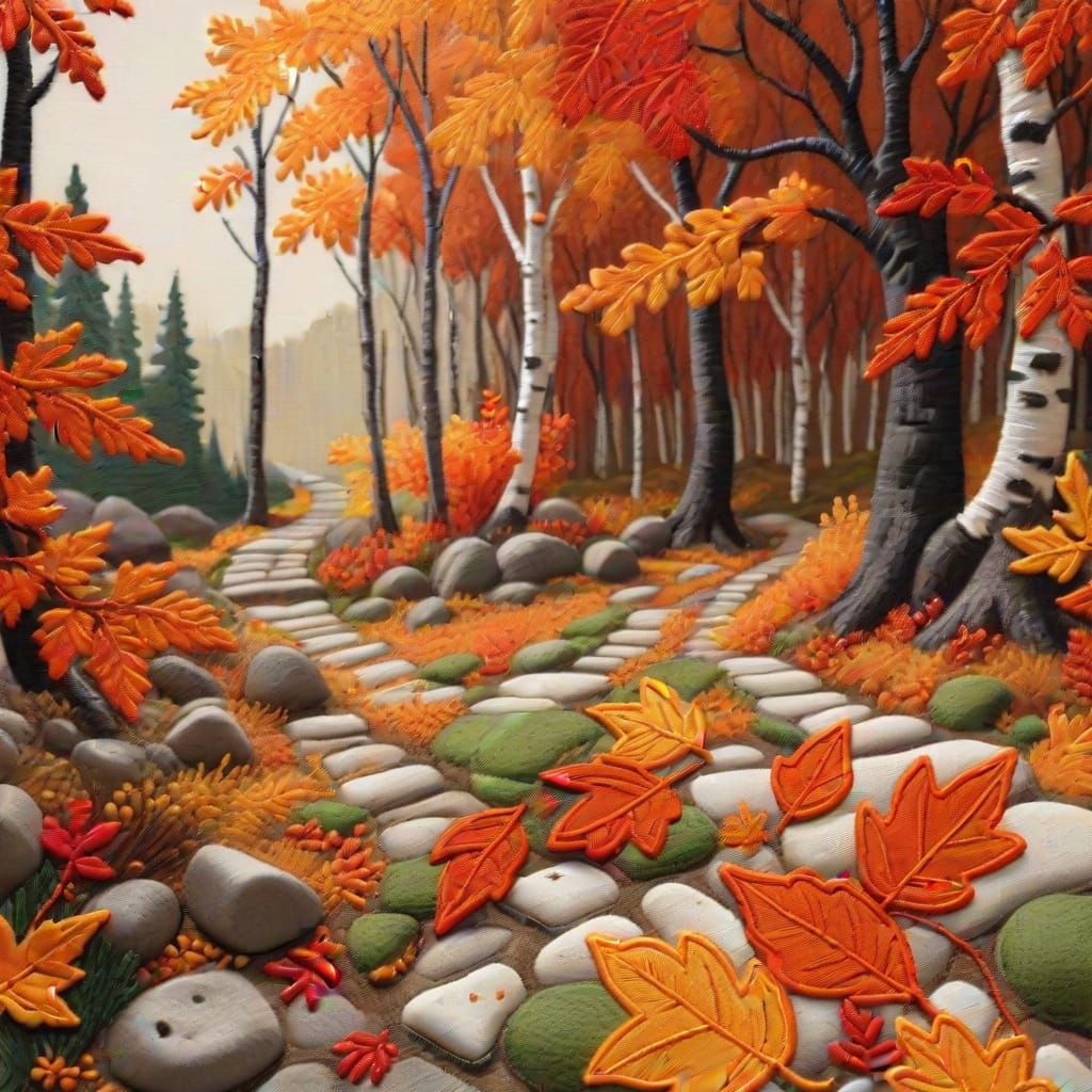 Autumn Forest Embroidered Landscape in Vibrant Colors