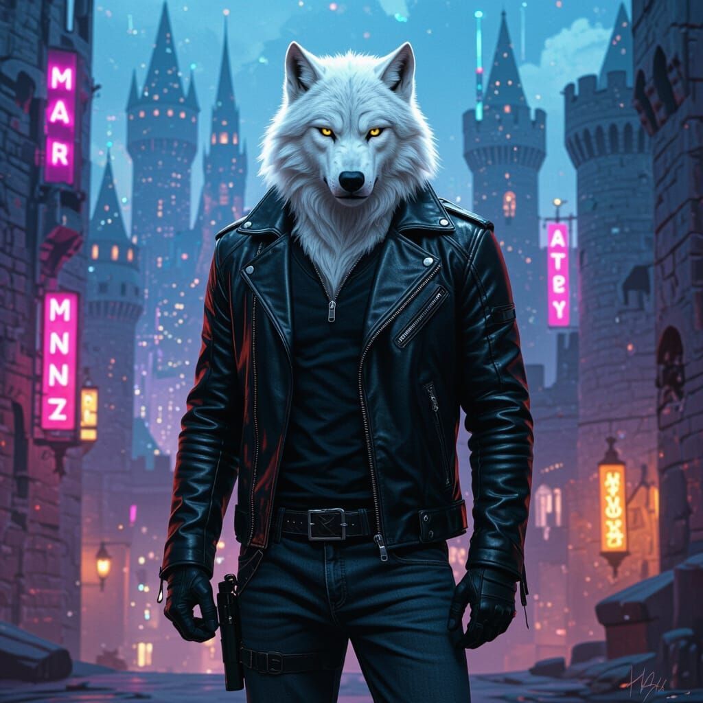 White Werewolf in Medieval Futuristic Cityscape Portrait