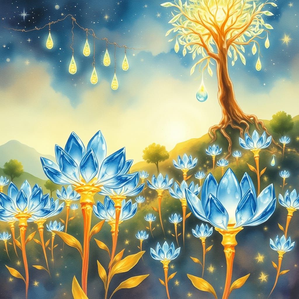 Fantastical Landscape with Crystalline Flora in Watercolor