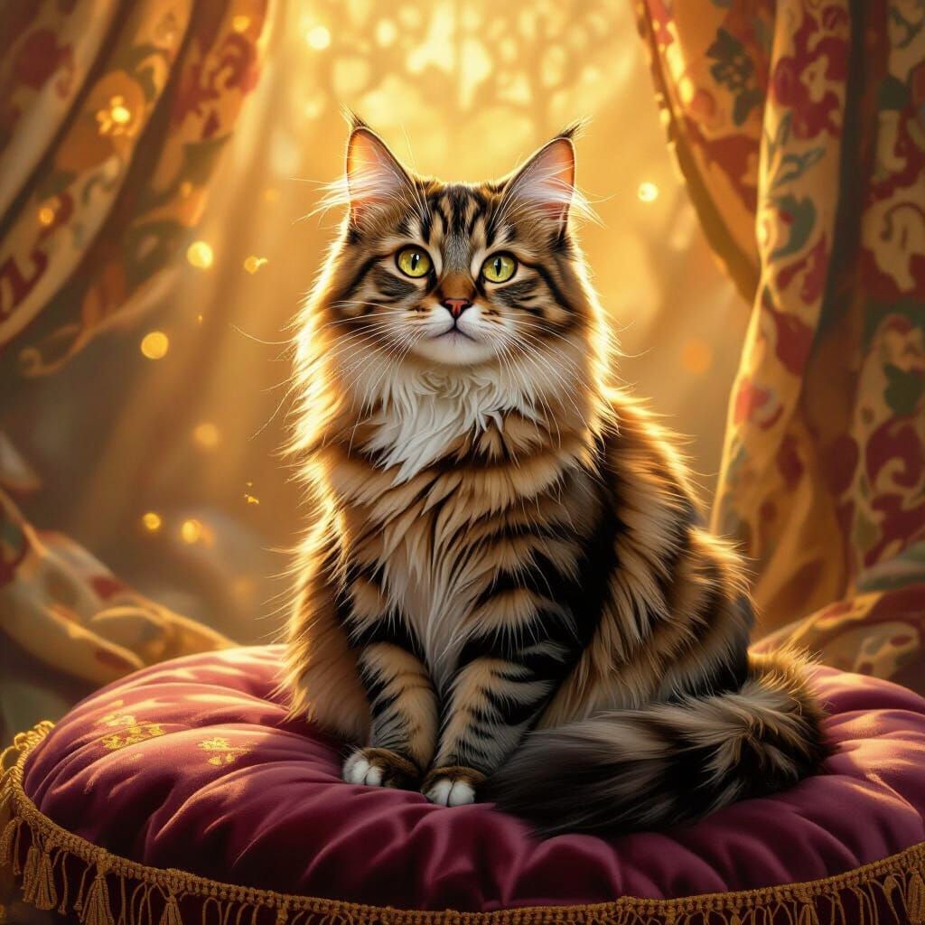 Cat on Velvet Cushion in Victorian Style