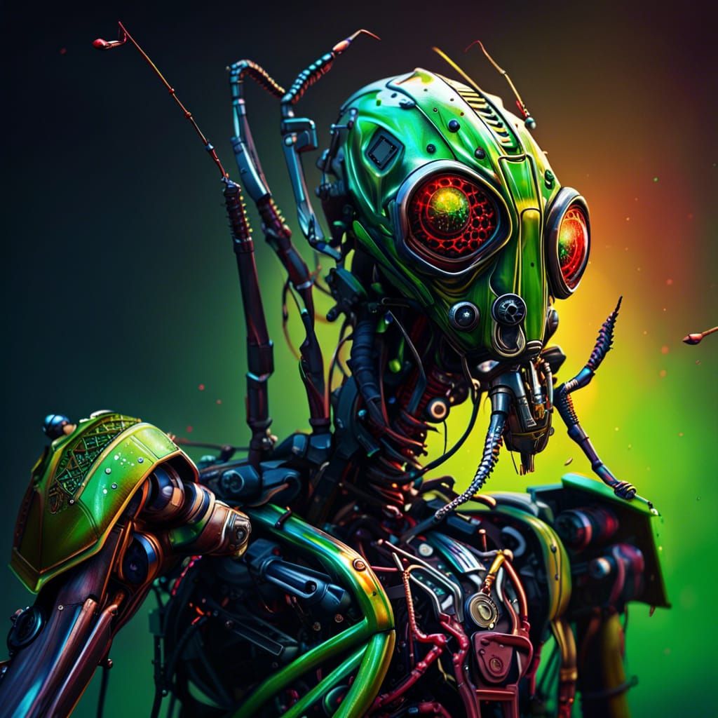 Hyperrealistic Robot Mantis in Gas Mask