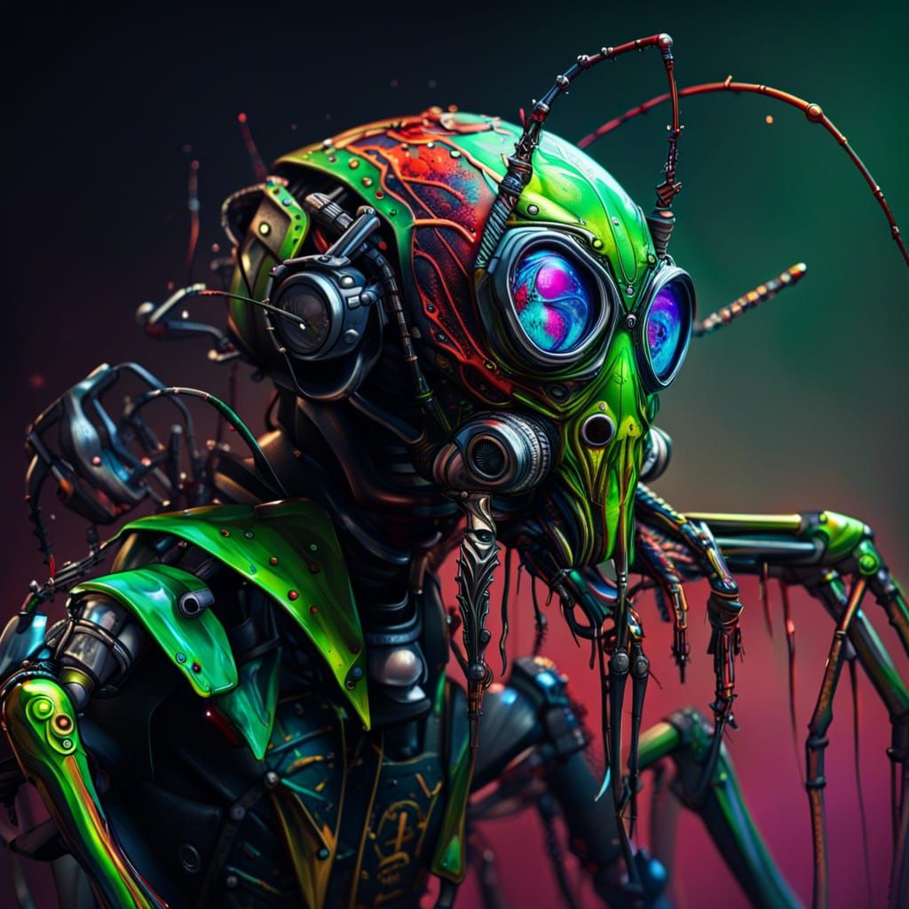Hyperrealistic Robot Mantis in Gas Mask
