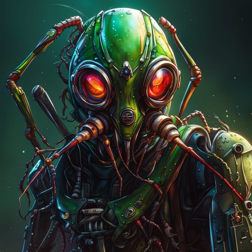 Hyperrealistic Robot Mantis with Gas Mask