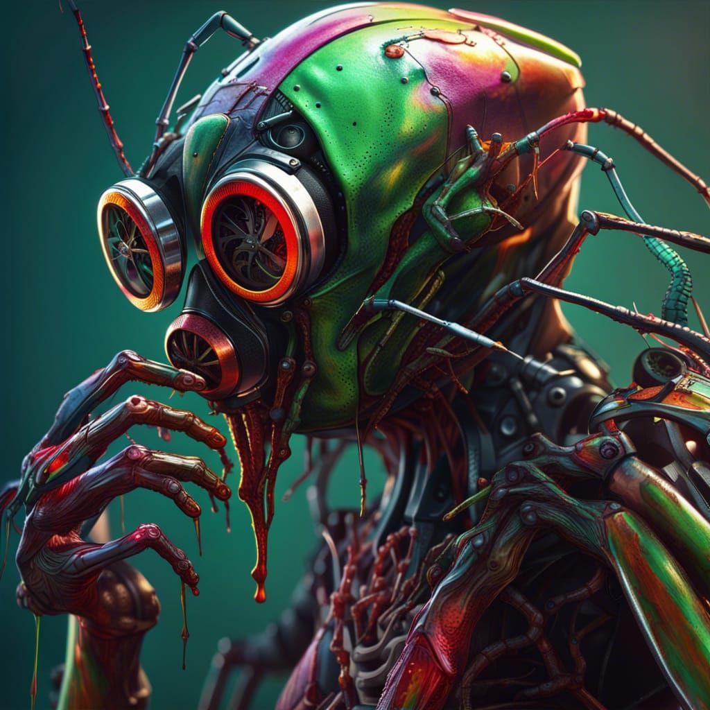 Hyperrealistic Mantis Robot with Gas Mask