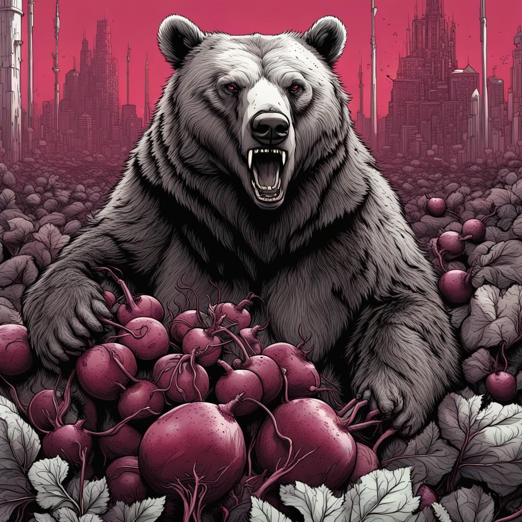 Dystopian Grizzly Bears Feast: Ink Pen Line Art