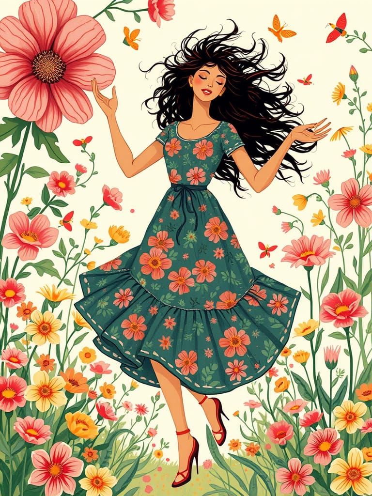 Woman Dancing in a Garden, Whimsical Art Style