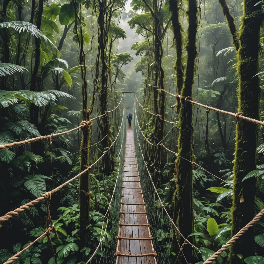 Rope Bridge View in Lush Rainforest Canopy