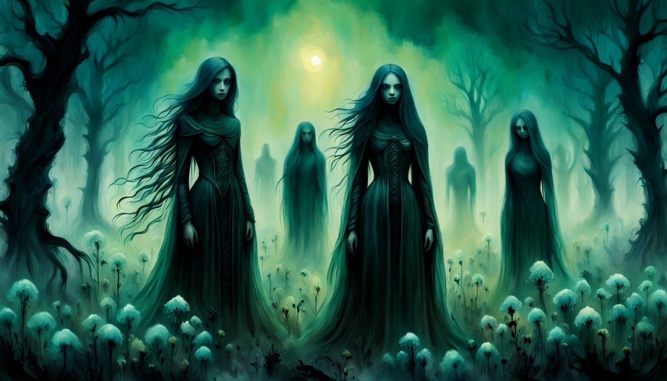 Gothic Digital Art: Eerie Green Hues and Spectral Figures