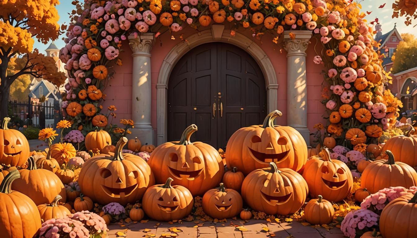 Halloween Pumpkins Surrounded by Flowers in Pixar Style