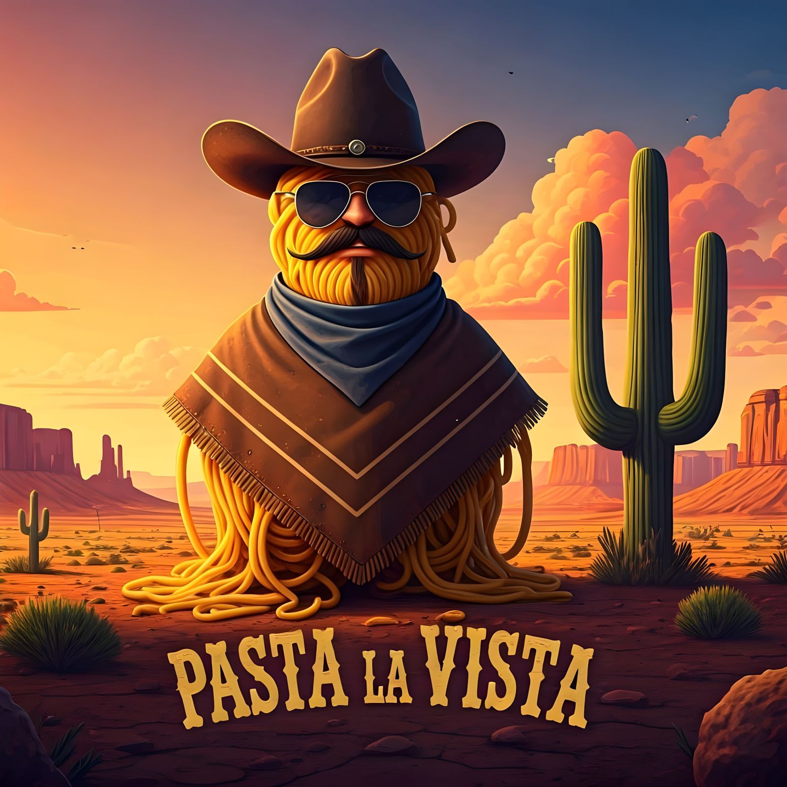 Pasta la Vista: Spaghetti Cowboy in Whimsical Western Art