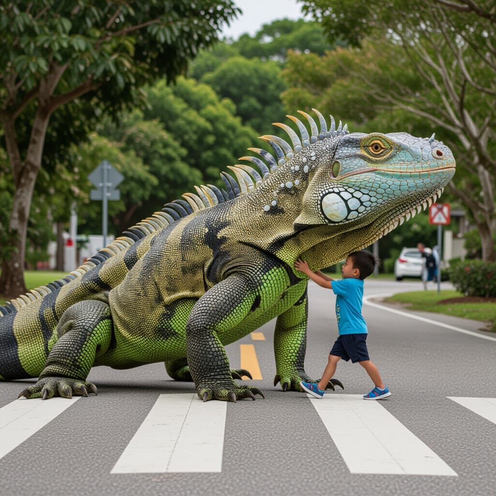 Giant Lizard Helps Boy Cross the Road
