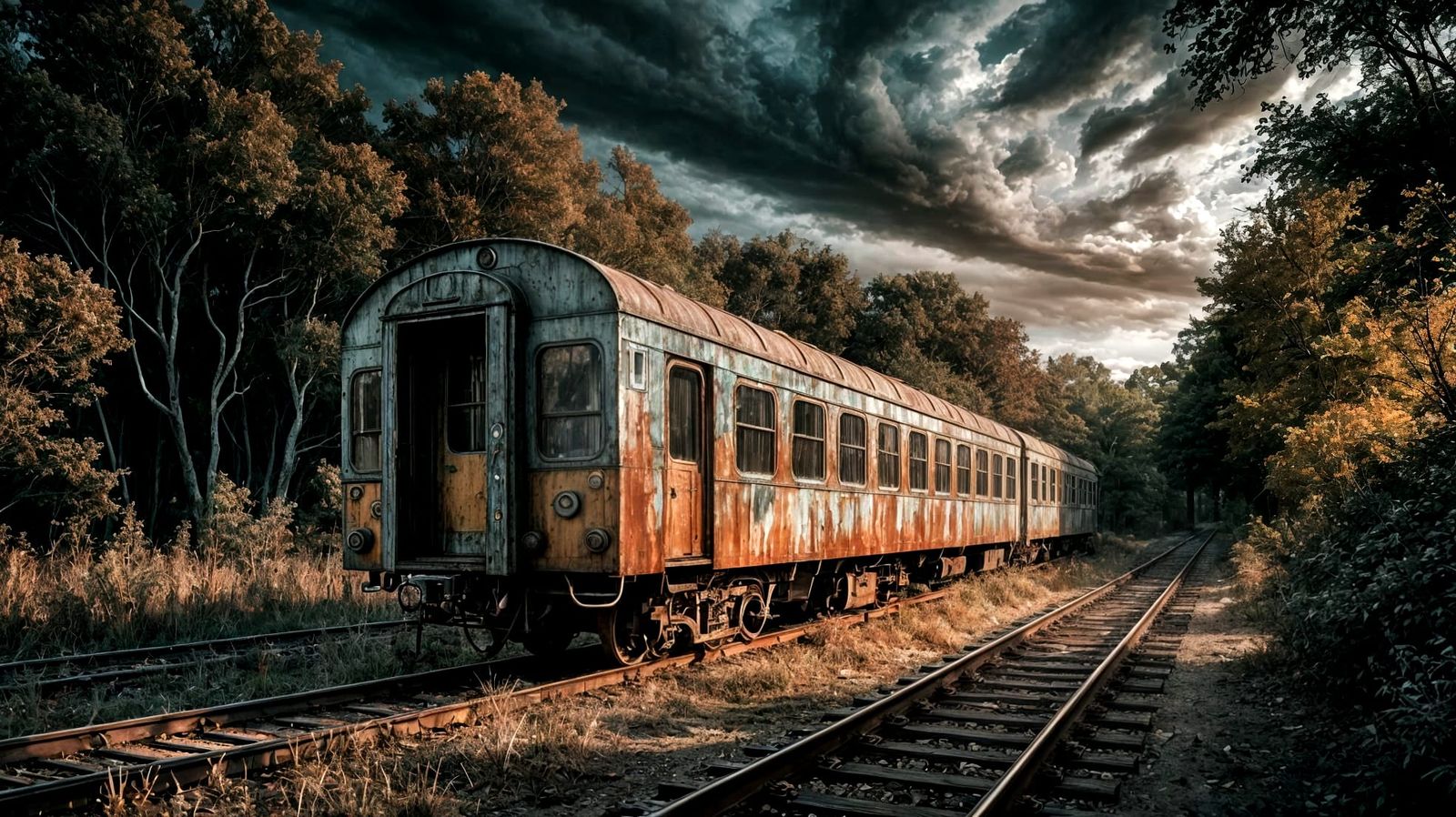 Abandoned Train Carriage in Ancient Forest Matte Painting
