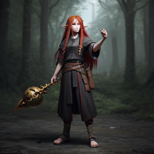 Eladrin Druid with Red Hair in Anime Art Style