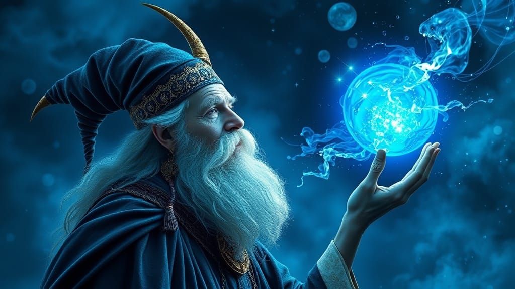 Ancient Wizard in Blue Robes, Holding Glowing Orb, in Dreaml...