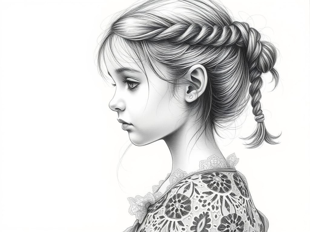 Young Girl in Intricate, Lace-Like Attire, Pencil Drawing
