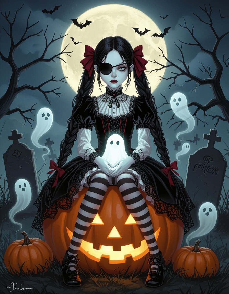 Gothic Witch Girl on Pumpkin in Moonlit Graveyard