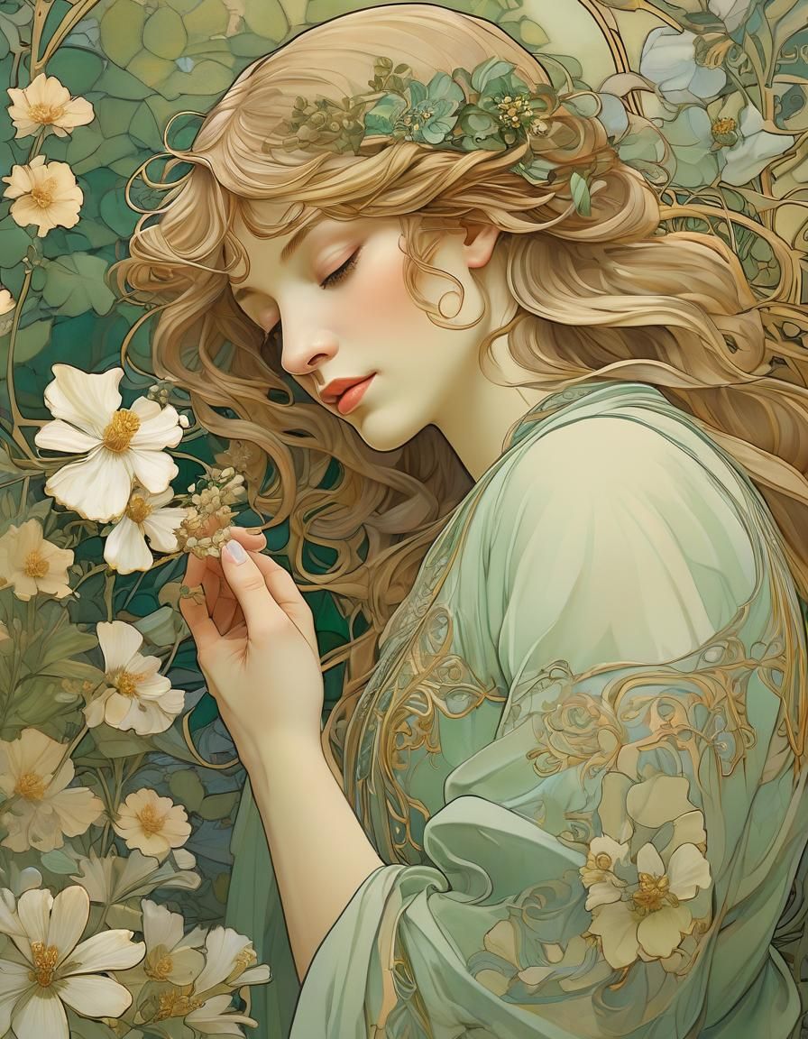 Art Nouveau Woman Smelling Flowers in Garden