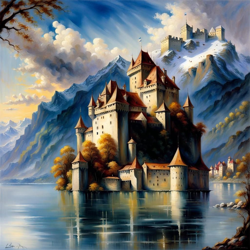 Chateau de Chillon Sunrise: Oil Painting on Canvas