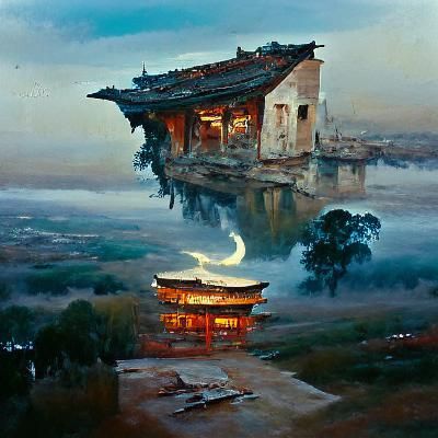Floating Ancient Chinese Buildings: Oil Painting