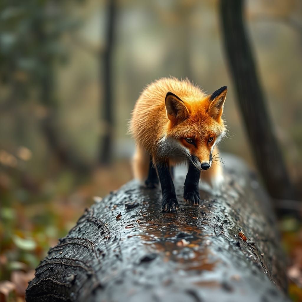 Fox Walks on Log in Misty Rain