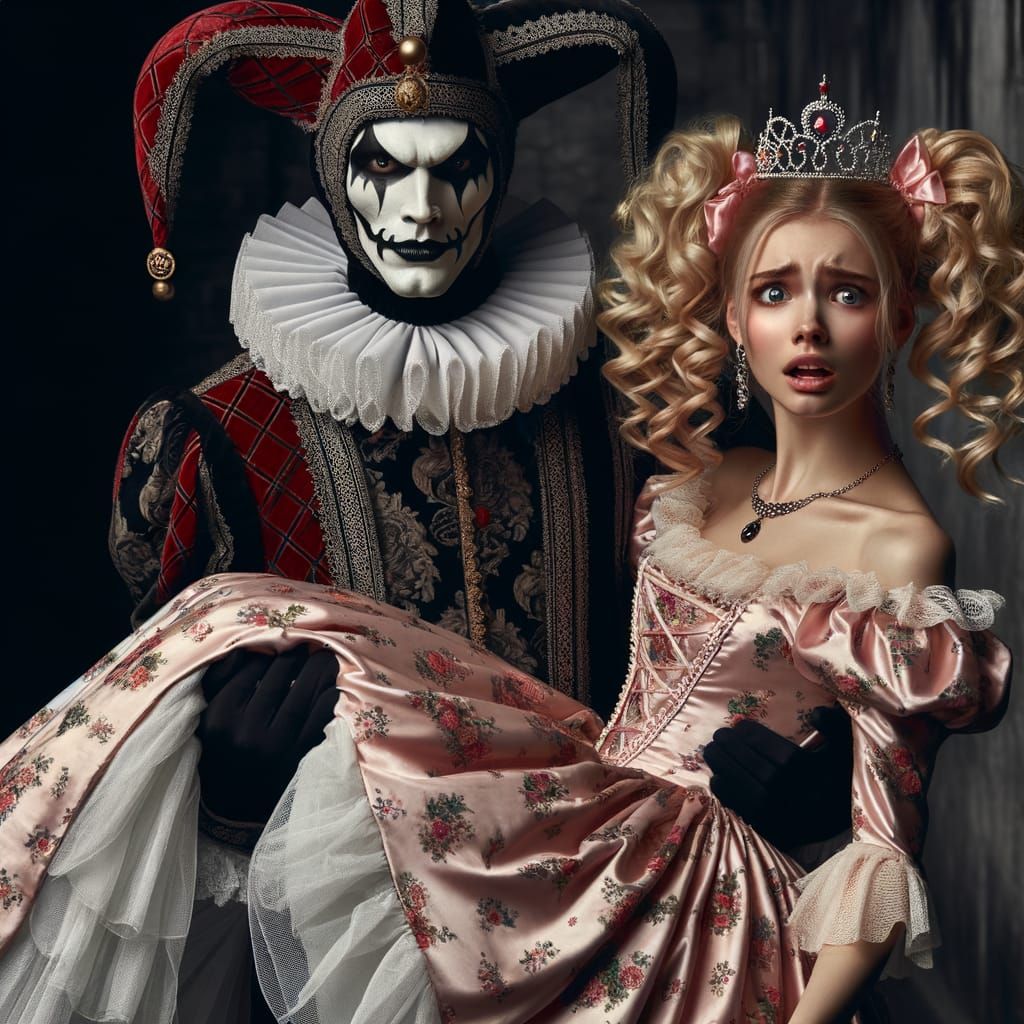 Sinister Jester Carries Shocked Princess in Dungeon