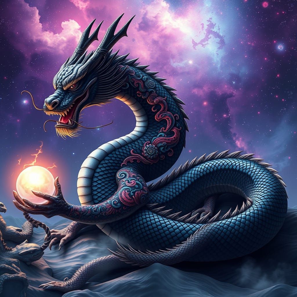 Cosmic Chinese Dragon with Vibrant Tattoos and Nebula Sky