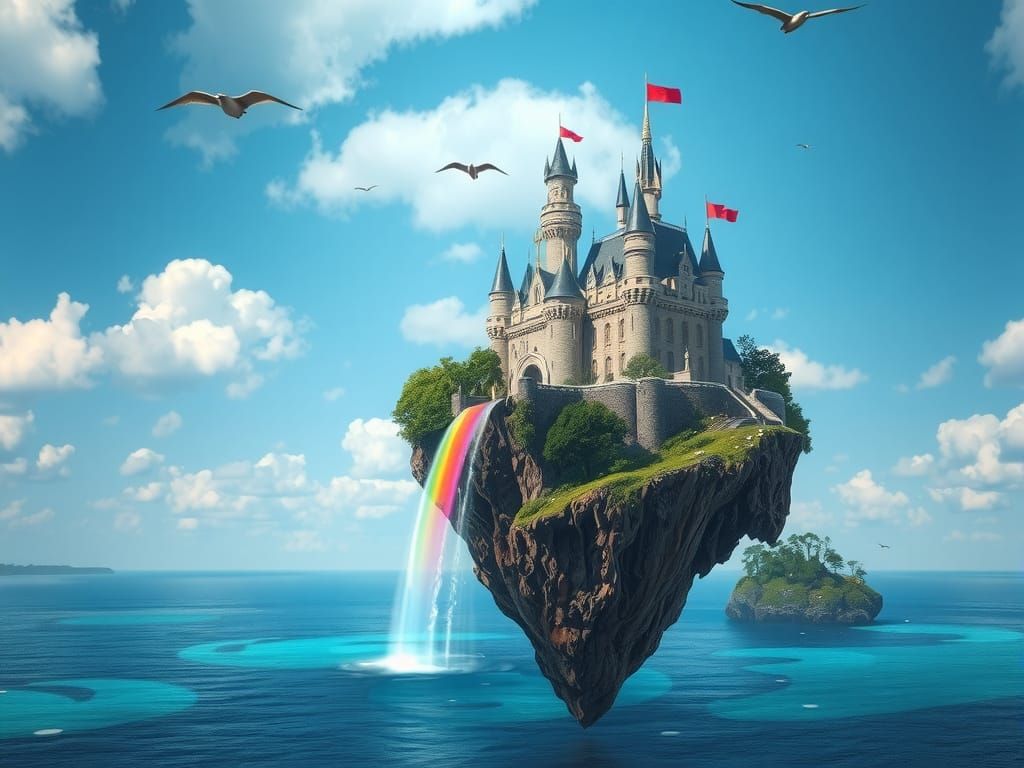 A floating castle in the sky with rainbow waterfalls cascadi...