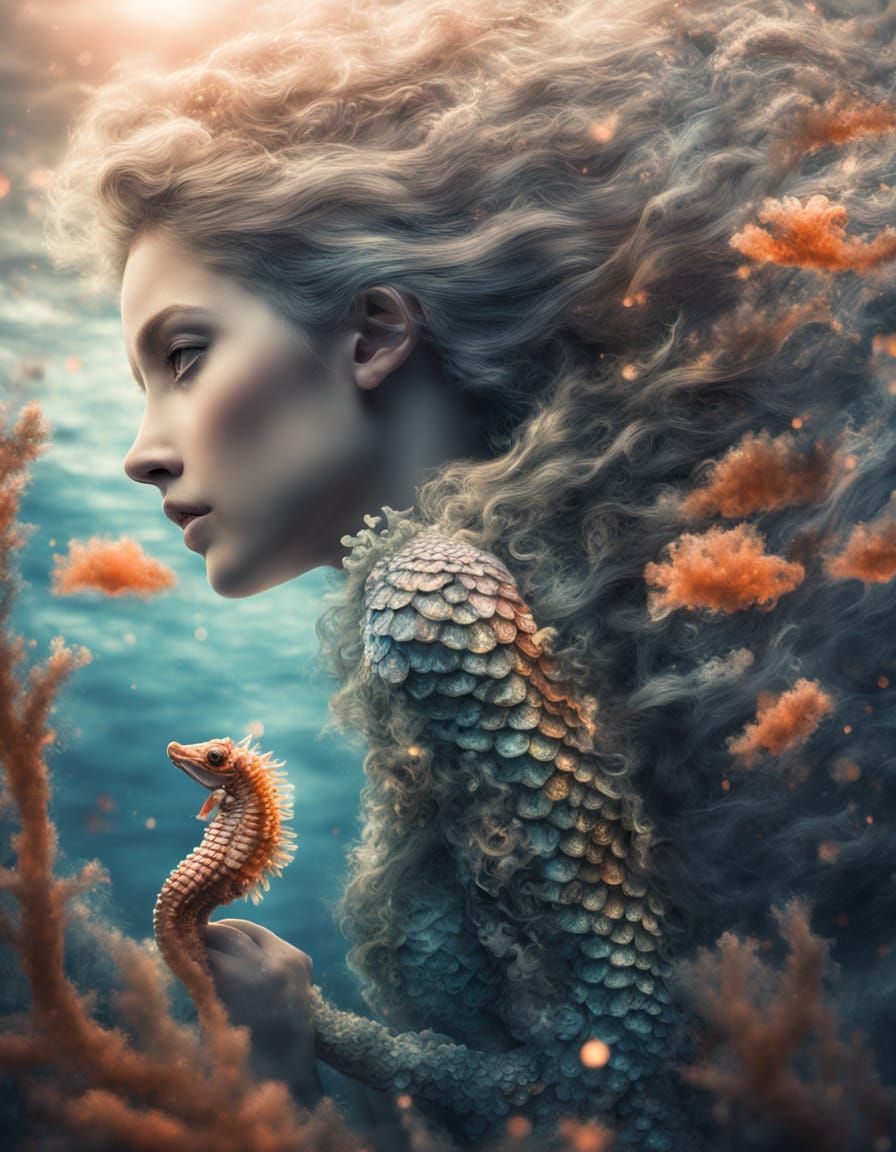 Ethereal Seahorse Mermaid in Sparkling Coral Garden