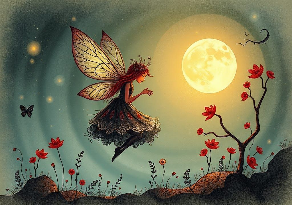 Whimsical Fairy Illustration with Abstract Fractals
